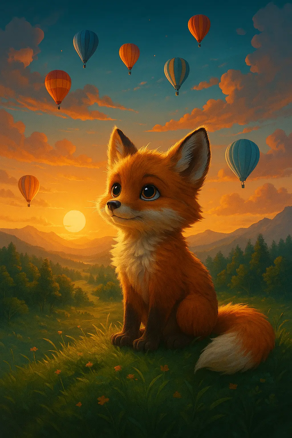 Renard mignon assis dans un champ avec des montgolfières colorées en arrière-plan