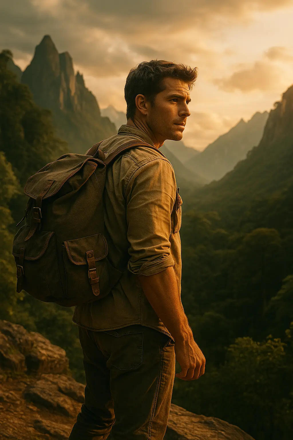 Jeune explorateur avec sac à dos contemplant un paysage de montagnes