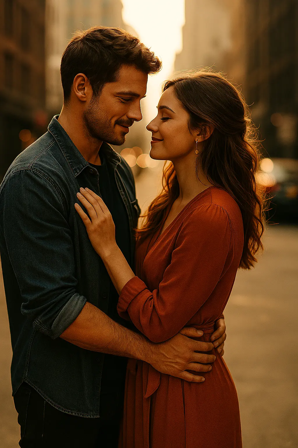 Couple romantique s’enlaçant dans une rue au coucher du soleil
