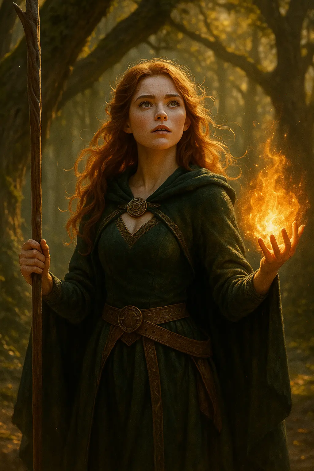 Femme dans une forêt brandissant un bâton magique avec une flamme dans la main