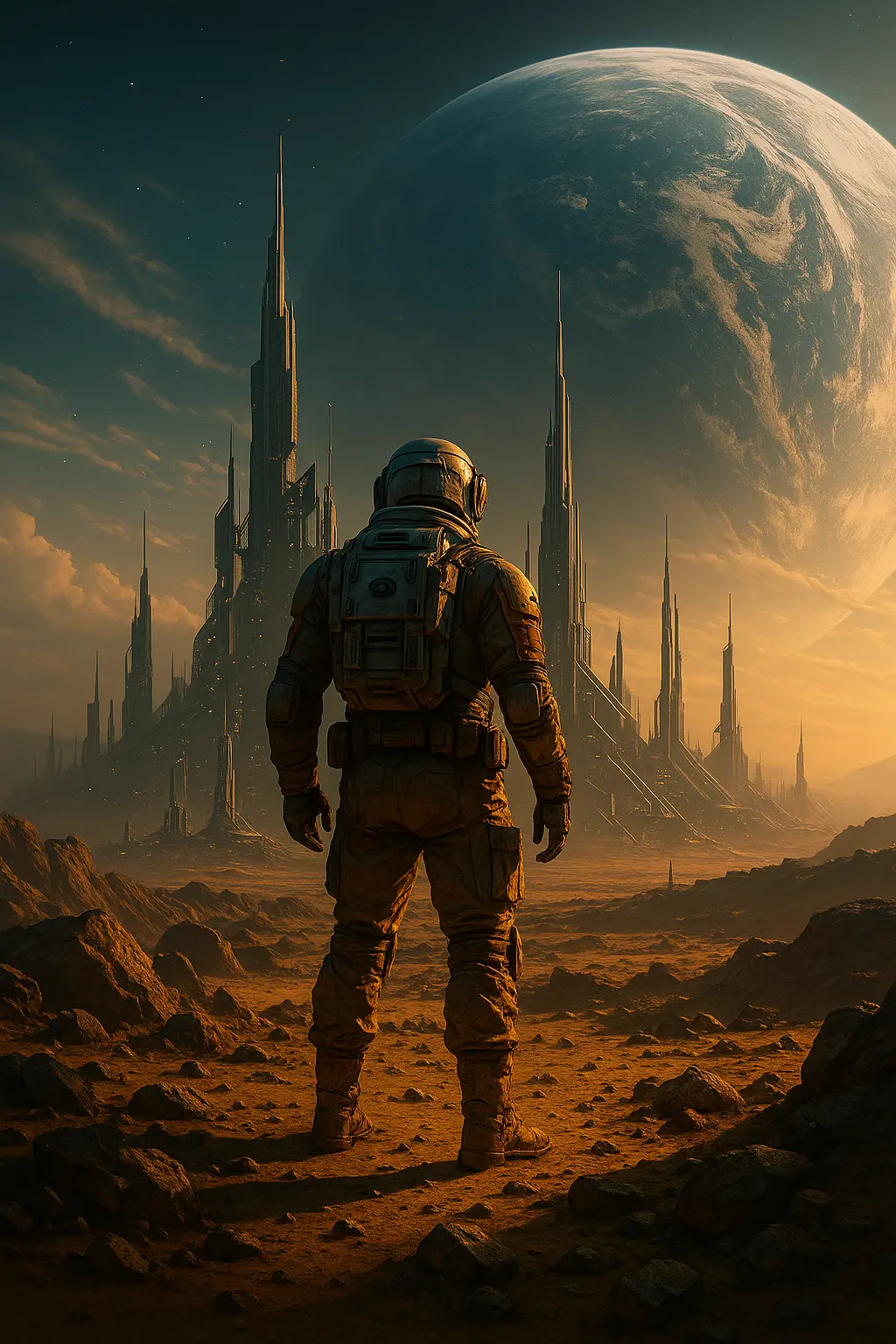 Astronaute contemplant une planète et une cité futuriste