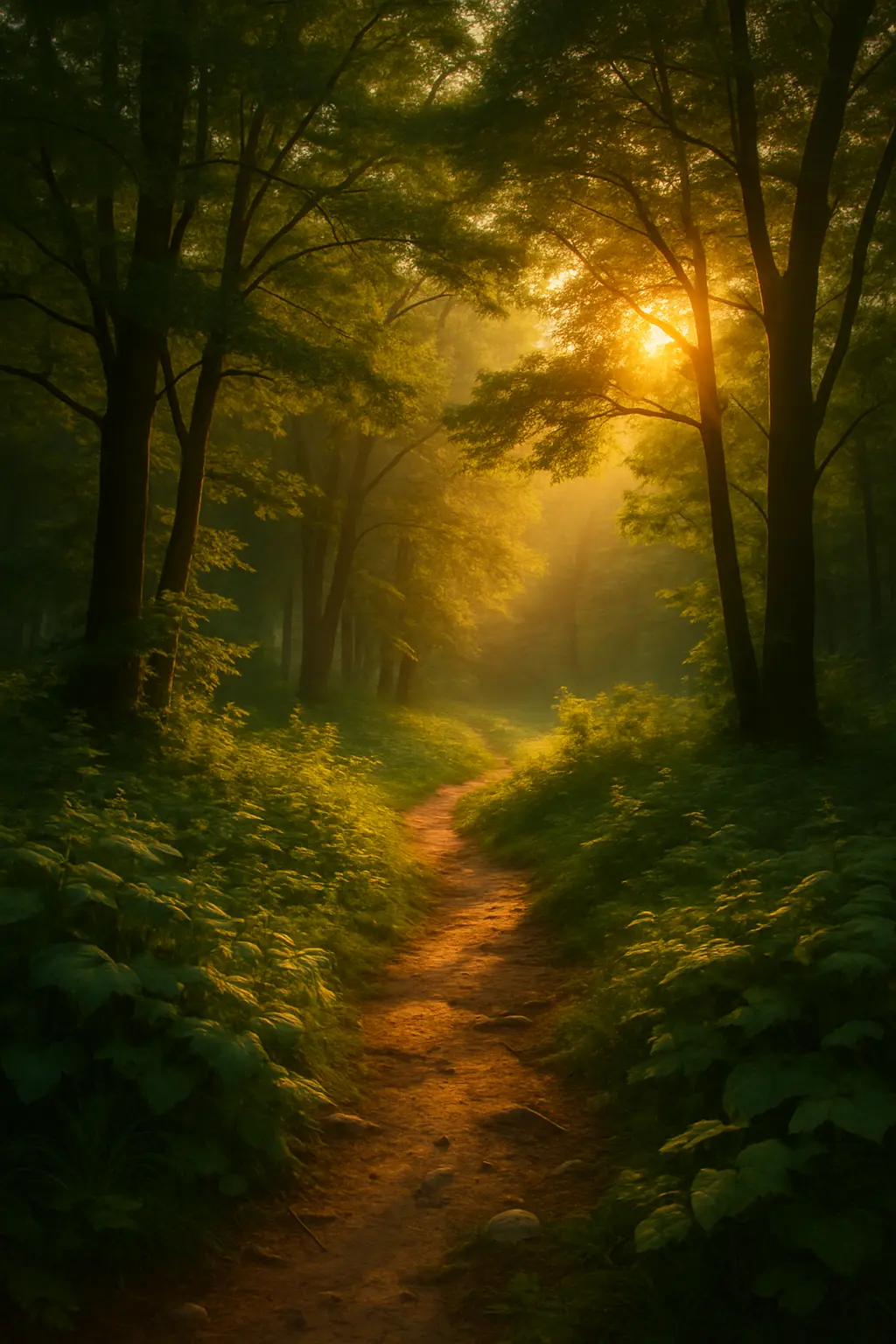 Sentier forestier éclairé par la lumière du soleil couchant