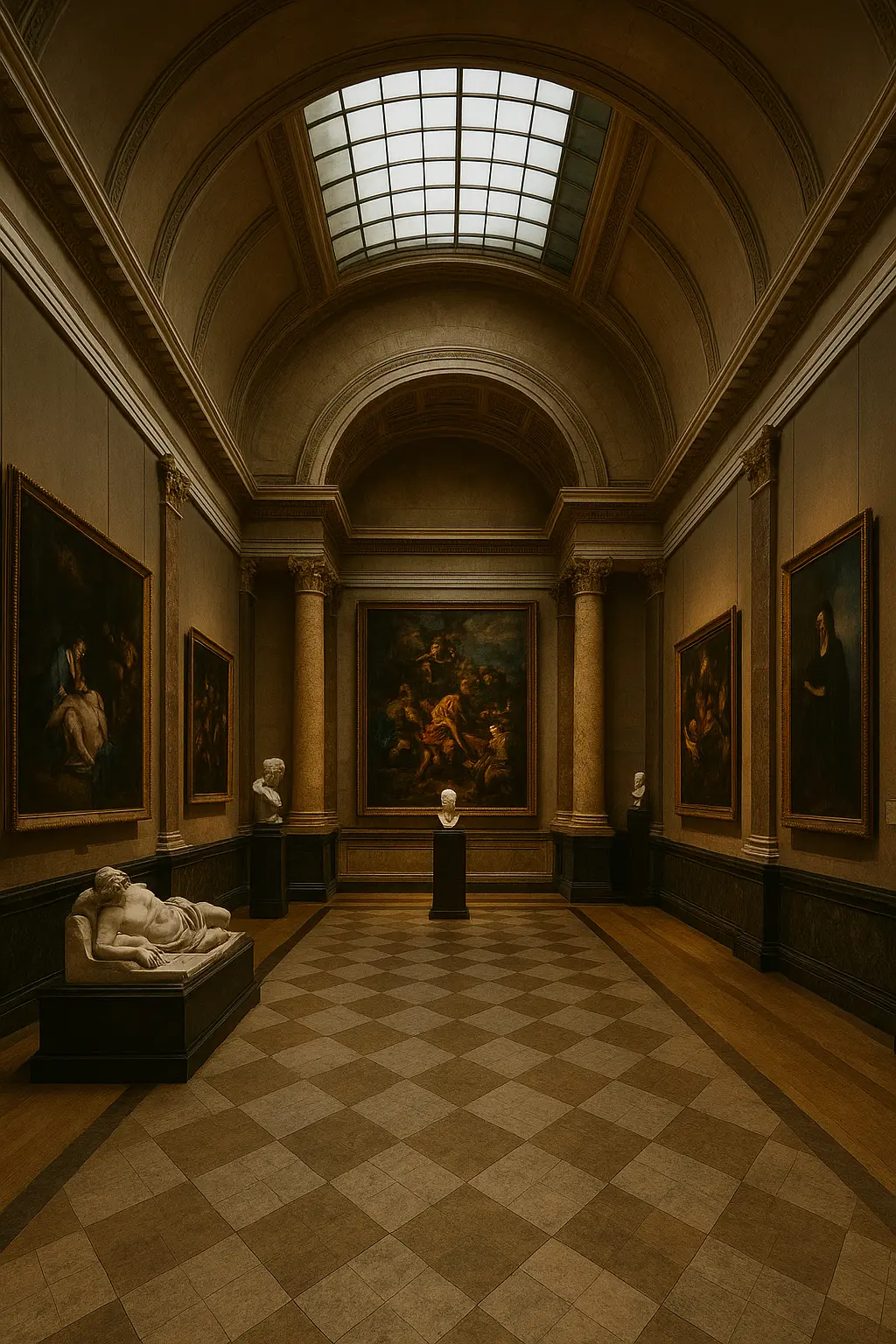 Galerie de musée avec peintures classiques et sculptures