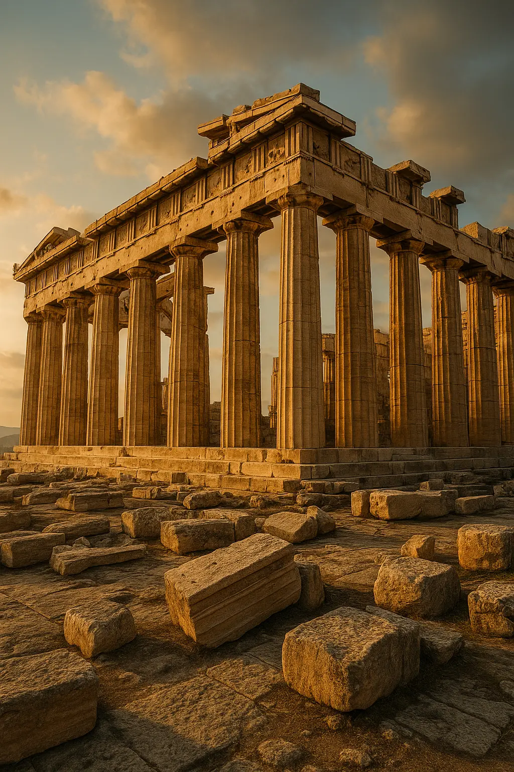 Ruines antiques du Parthénon en Grèce au coucher du soleil