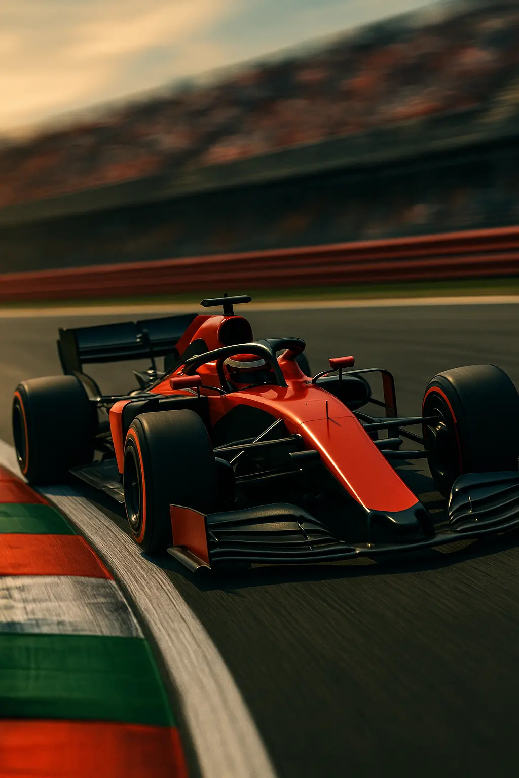 Voiture de Formule 1 rouge prenant un virage à haute vitesse