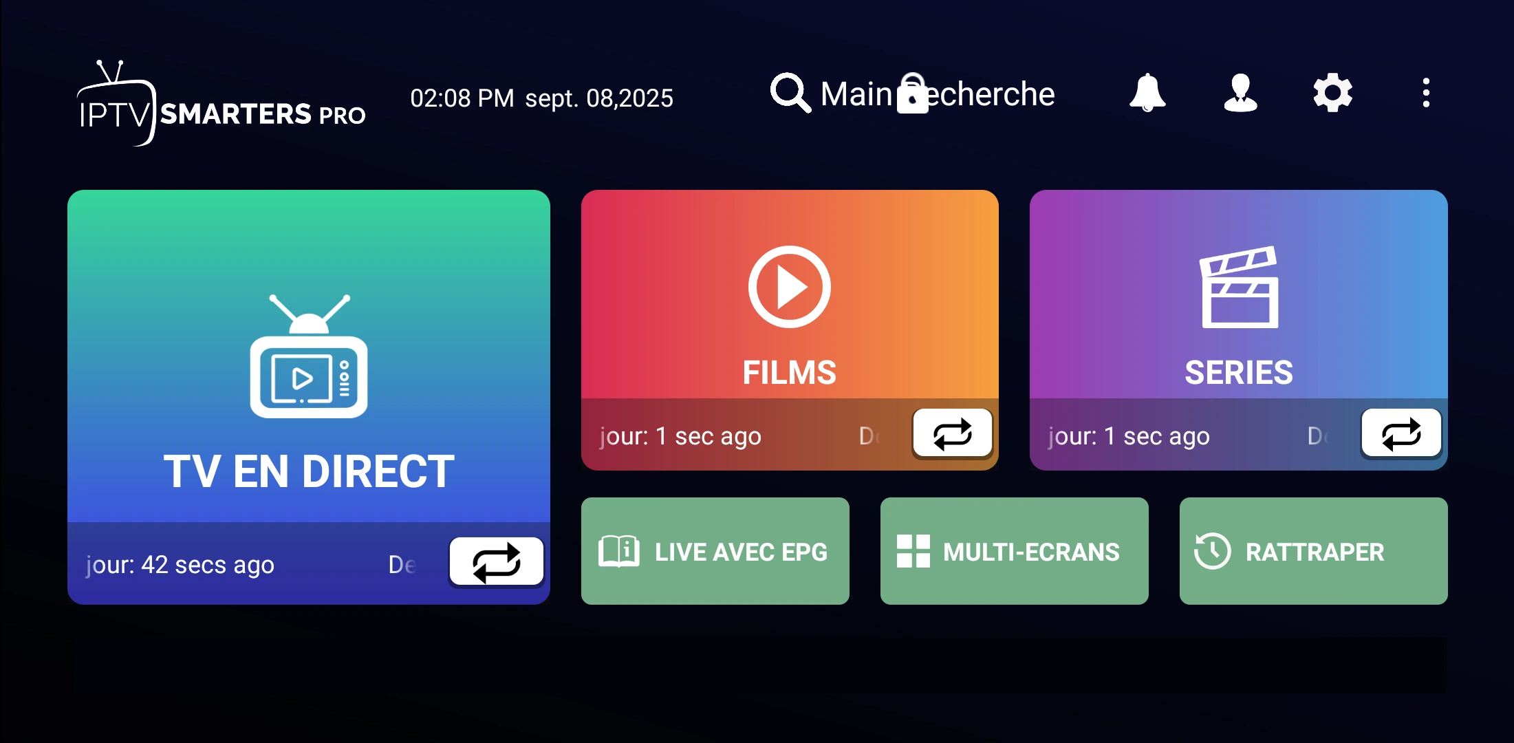 Écran principal : Live TV, Films, Séries (Android)