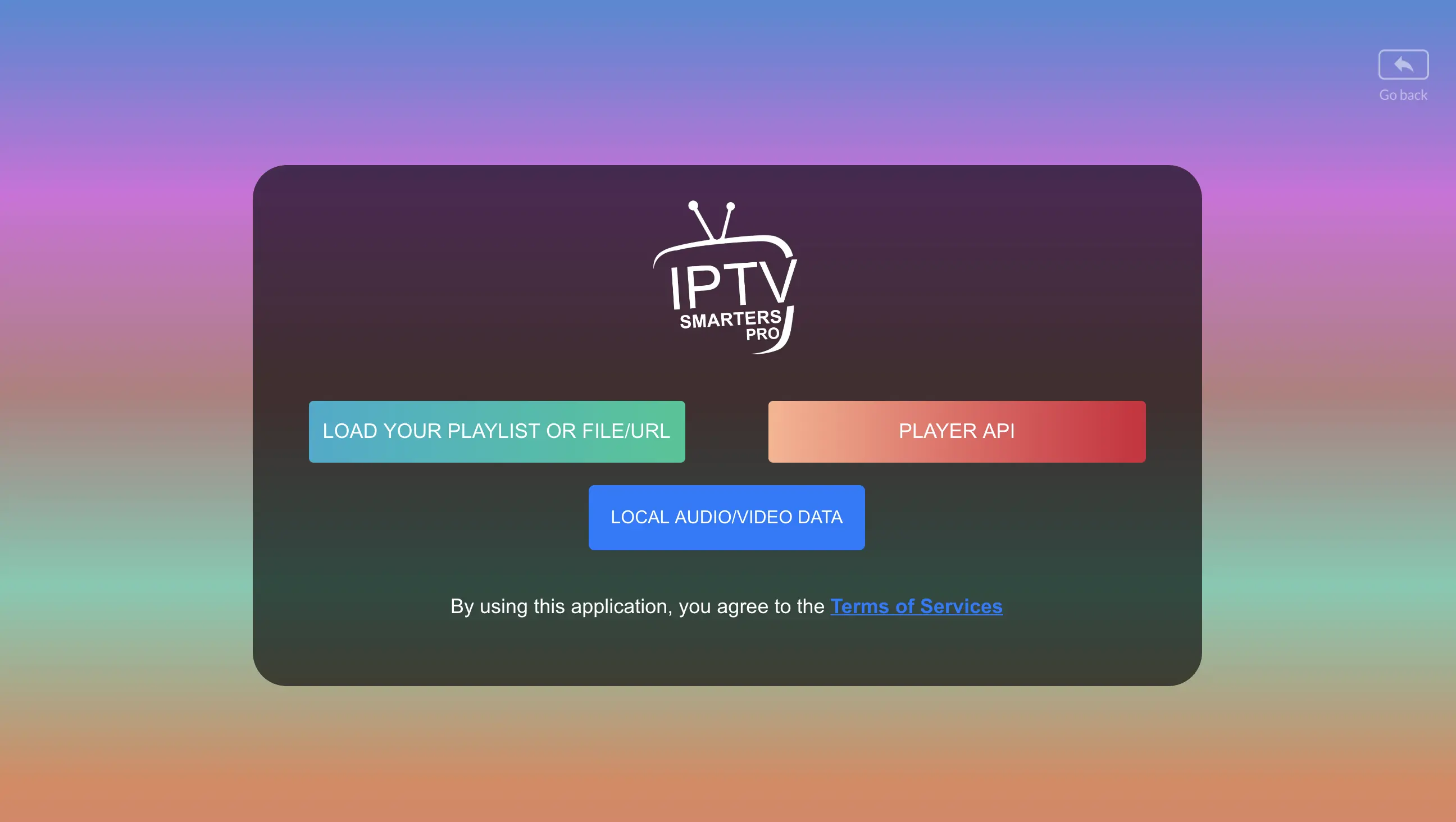 Écran de sélection de connexion Player API ou Playlist IPTV Smarters sur Windows/macOS
