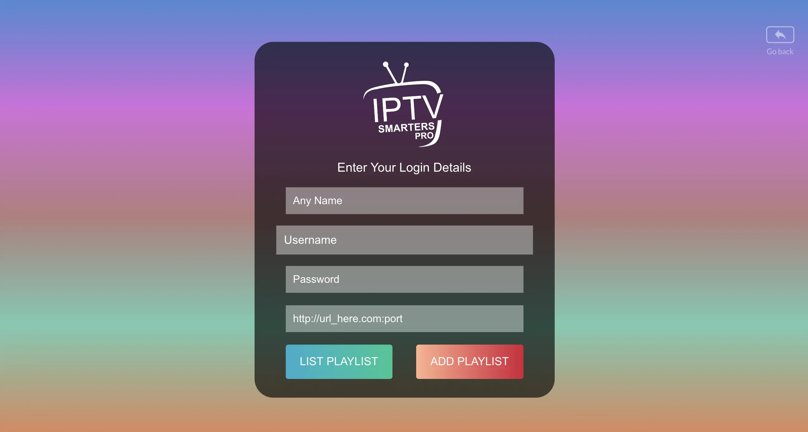 Écran de connexion avec identifiants Xtream Codes sur IPTV Smarters (Windows/macOS)