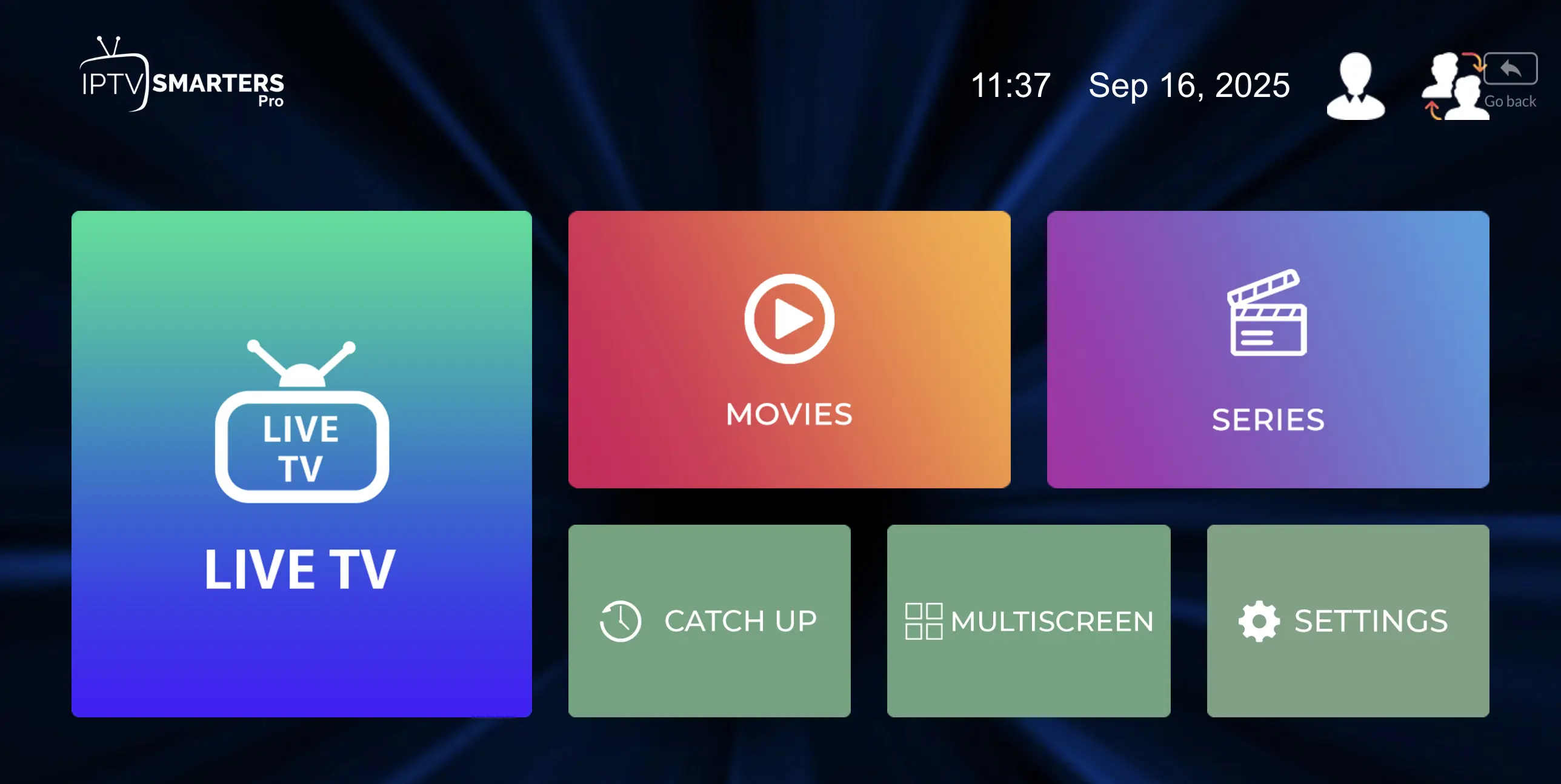 Interface d’accueil IPTV Smarters sur Windows/macOS : Live TV, Movies, Series